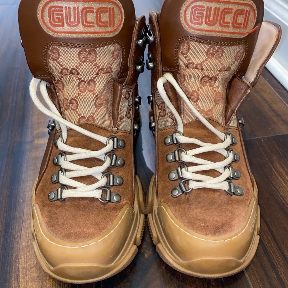 Gucci Tan and Cream Logo Hiking Boots